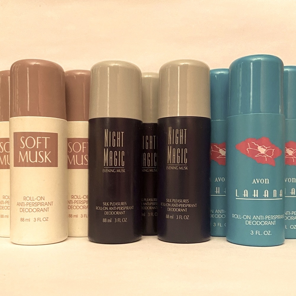 Ten (10) Avon large roll-on deodorants: Soft Musk + Lahana + Night Magic